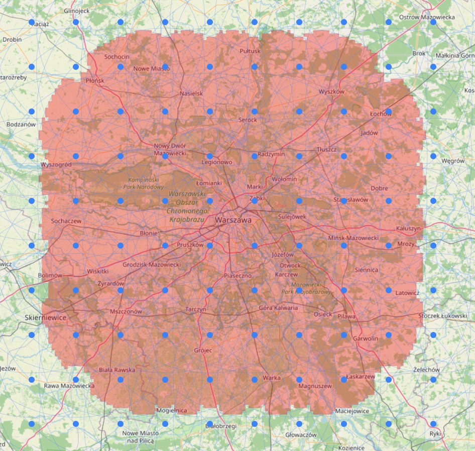 Modelled J-05 coverage over Warsaw showing a continuous denial footprint